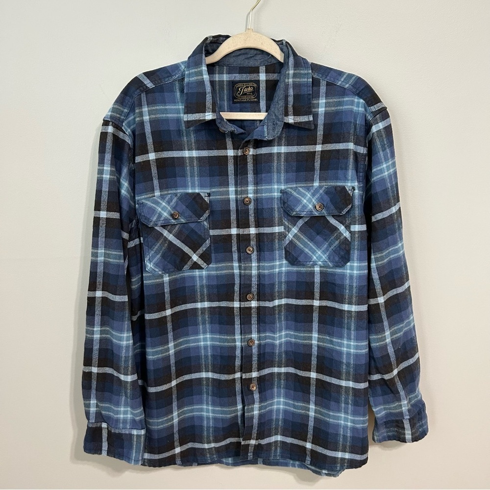 Jachs Casual Blue Navy Cotton Plaid Button Down Flannel Shirt Men’s Size XL